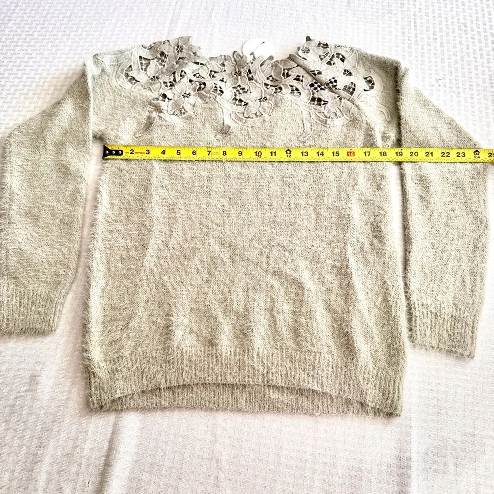 En Creme‎ Eyelash Knit Sweater Sage Green Crochet Lace Yoke Boho S/M NEW